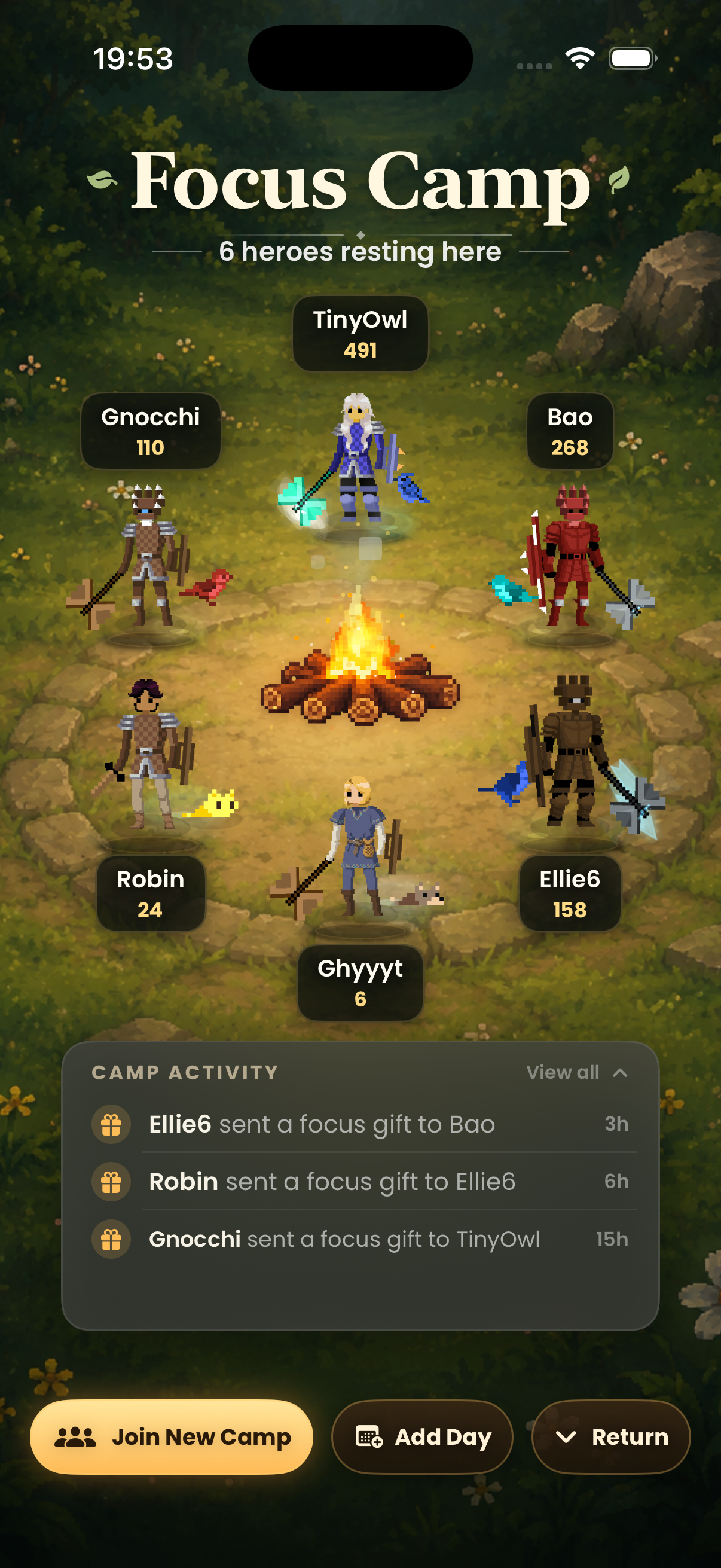 Focus Camp showing six players' heroes around a campfire and a shared camp activity log