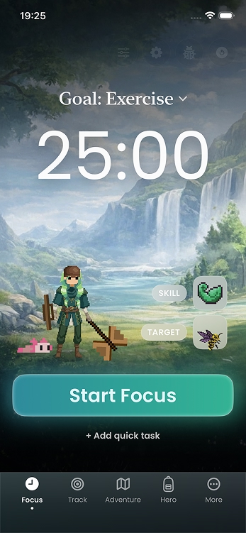 The Focus Hero home screen with a 25:00 timer, your hero and pet, and a Start Focus button