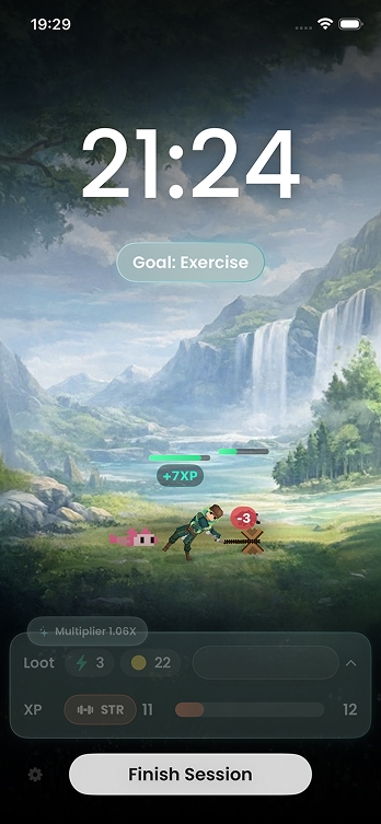 Focus Hero session screen with XP reward